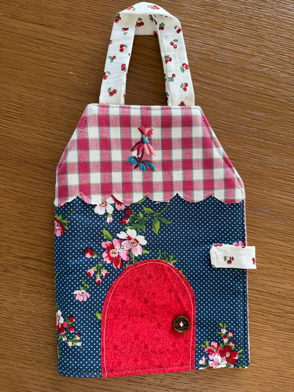 Handmade Floral & Gingham Women's Tote Bag in Navy and Pink